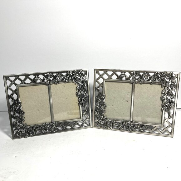 Vintage Pewter Floral Rose Vine Double Picture Frame set of 2 - Picture 1 of 8